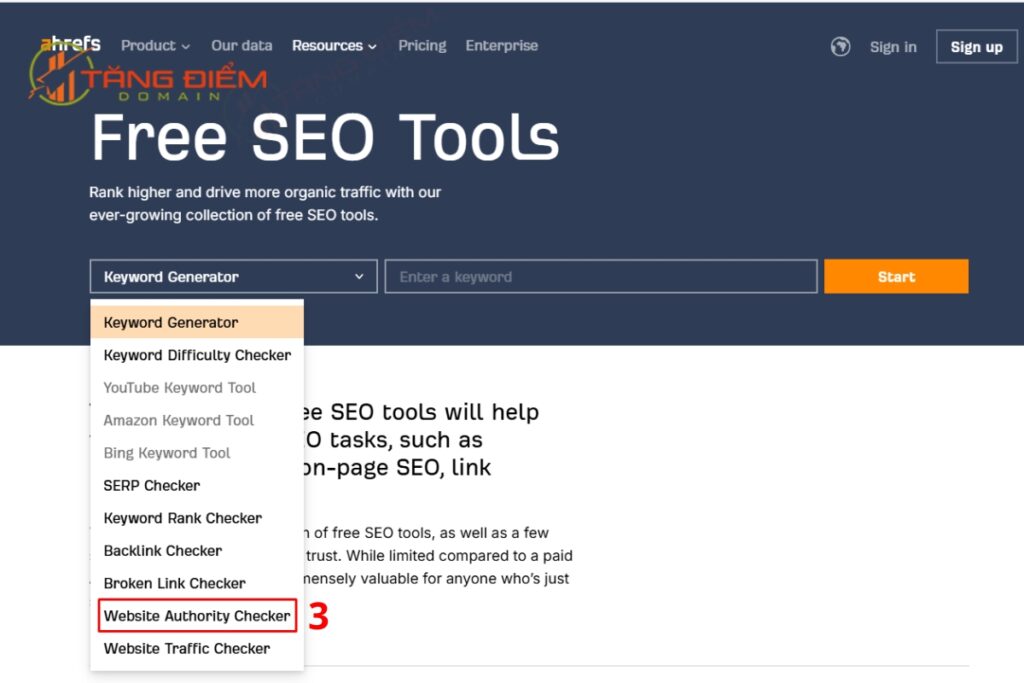 Chọn Website Authority Checker, nhập URL web và nhấn Start