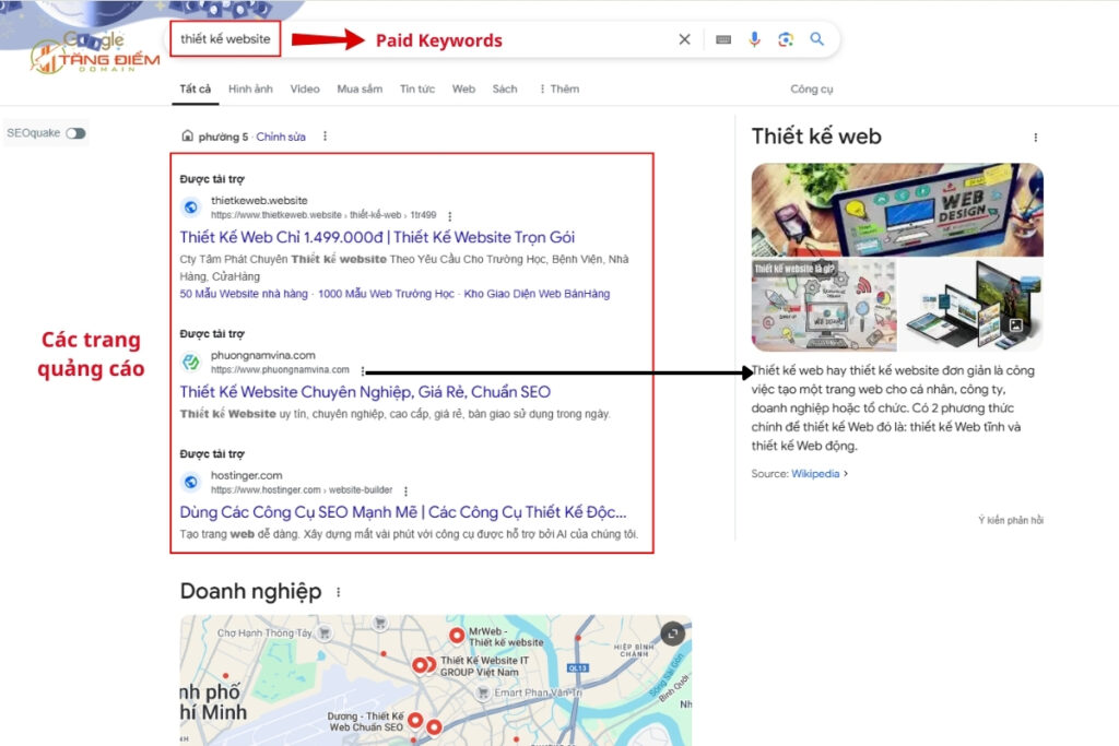 Từ “thiết kế website” là paid keywords