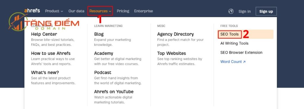 Vào Ahrefs, chọn Resources, chọn SEO Tools