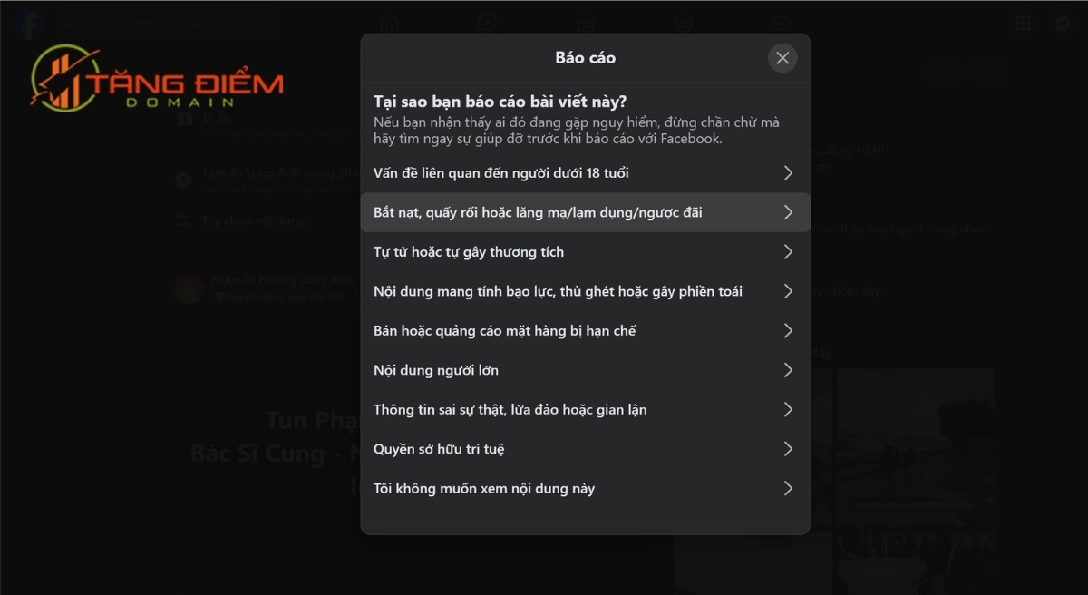 Chọn dòng mô tả phù hợp cho trường hợp vi phạm của bài đăng