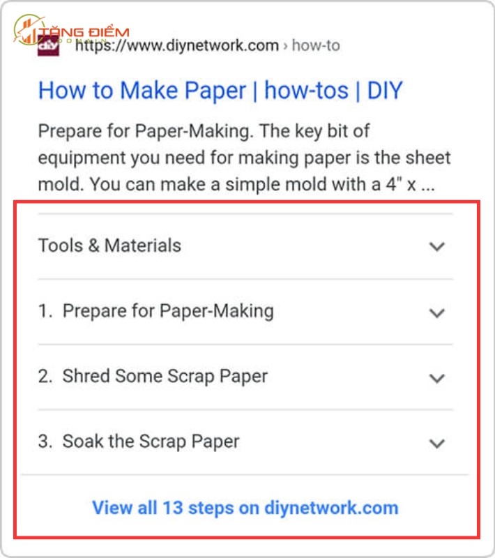 HowTo Schema giúp trang web hiển thị tóm tắt các bước làm trên trang kết quả tìm kiếm Google