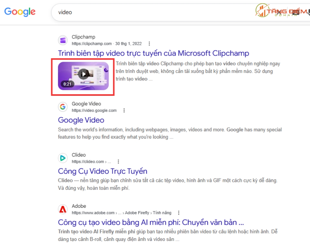 Video Schema giúp trang web hiển thị video trên trang kết quả tìm kiếm Google