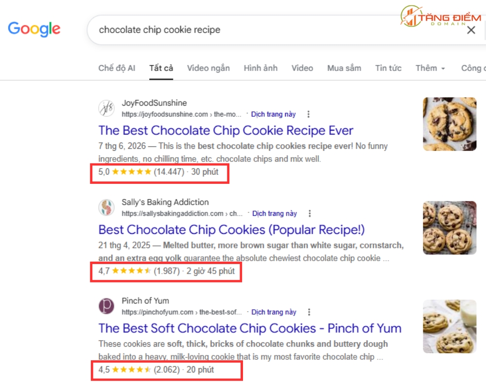 Recipe Schema giúp trang web hiển thị đoạn Rich Results nổi bật trên trang kết quả tìm kiếm Google