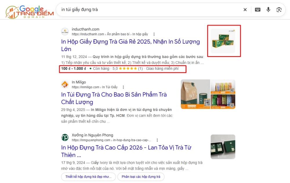 Schema sản phẩm giúp hiển thị hình ảnh thumbnail, giá tiền, tình trạng còn hàng, số sao đánh giá