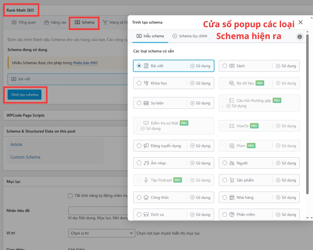 Cửa sổ Popup cập nhật danh sách các loại Schema