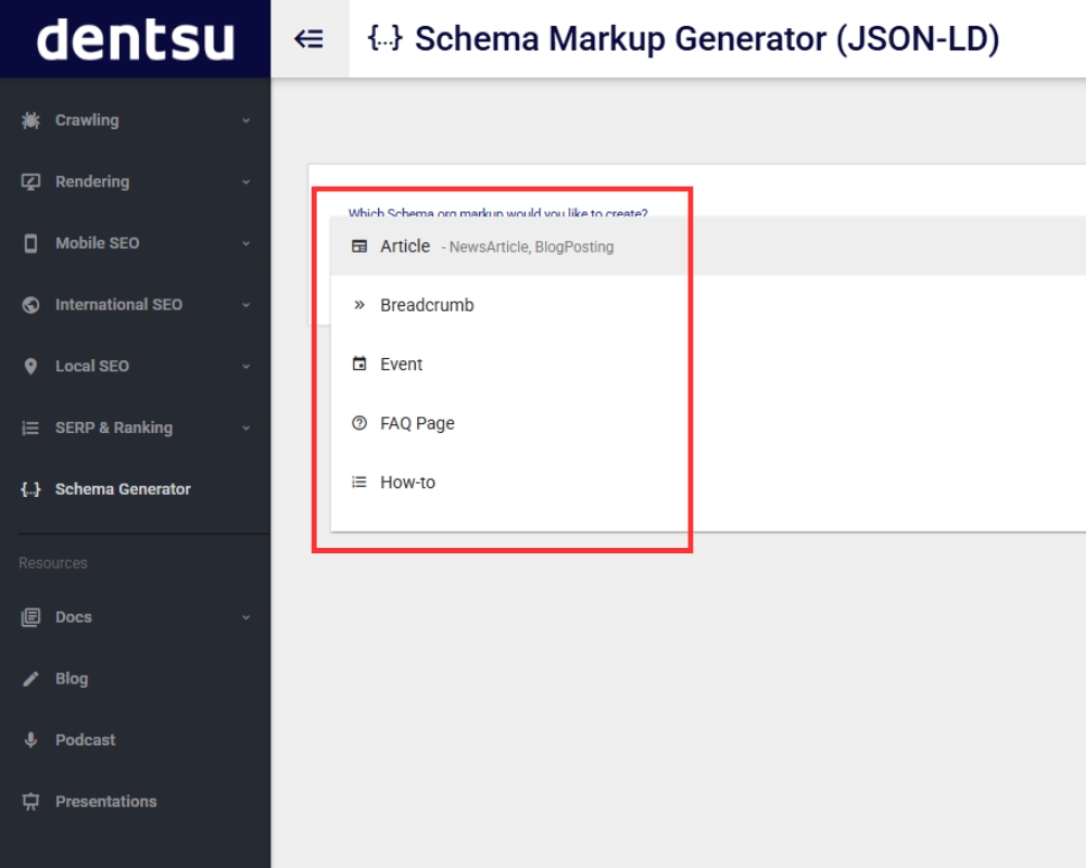 Chọn loại Schema phù hợp trong công cụ Schema Markup Generator