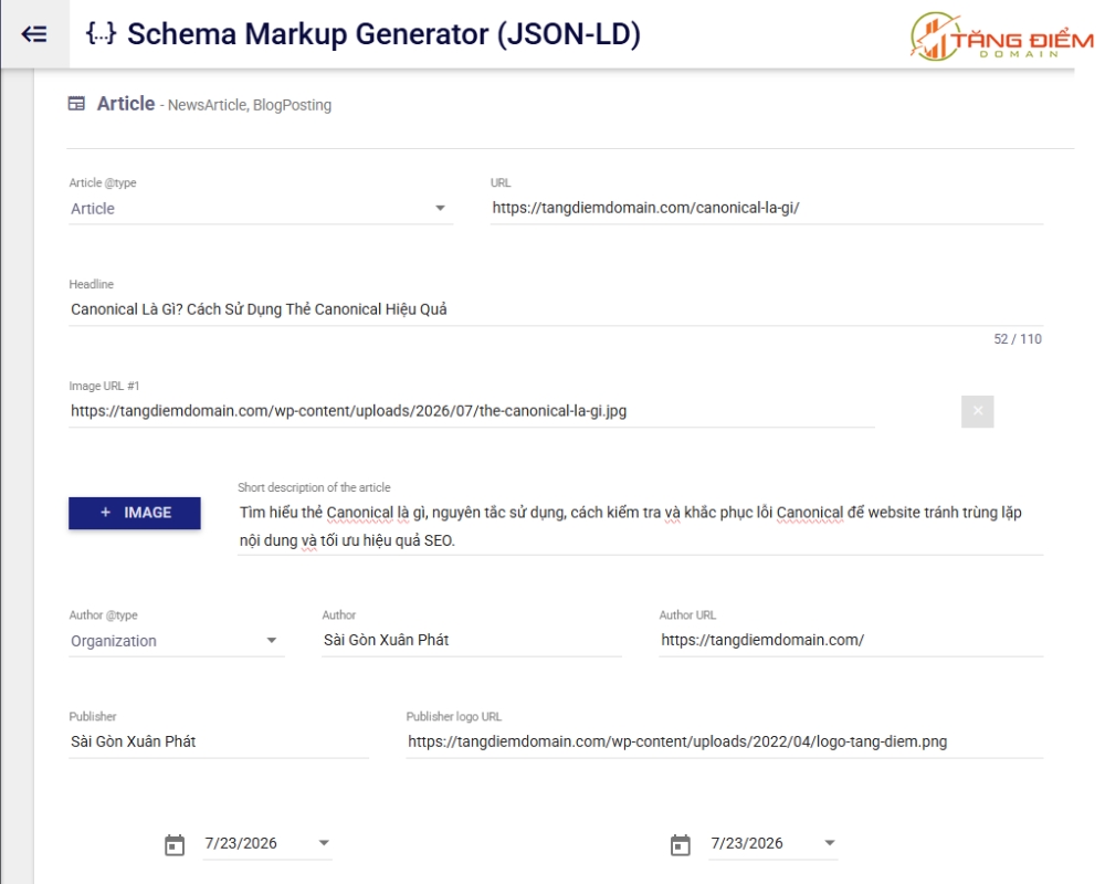 Các trường thông tin Article Schema