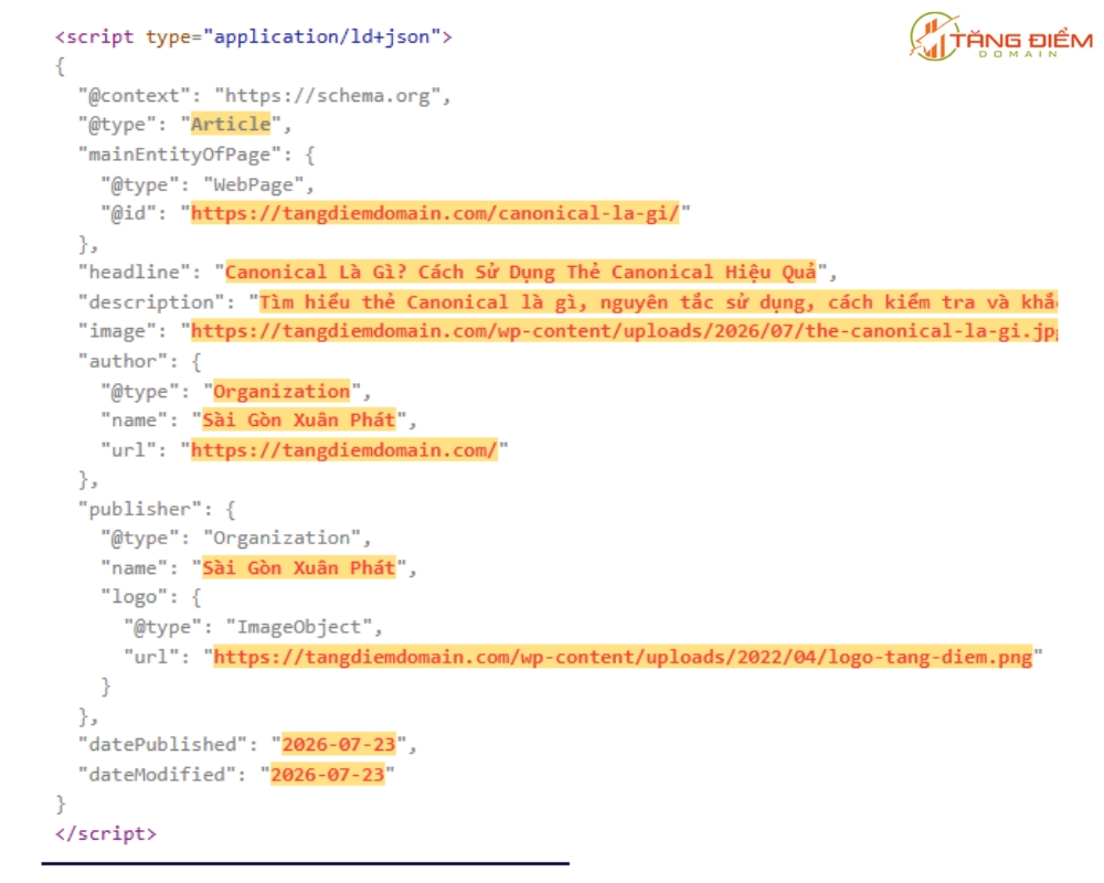 Đoạn mã code Article Schema do công cụ Schema Markup Generator tạo ra