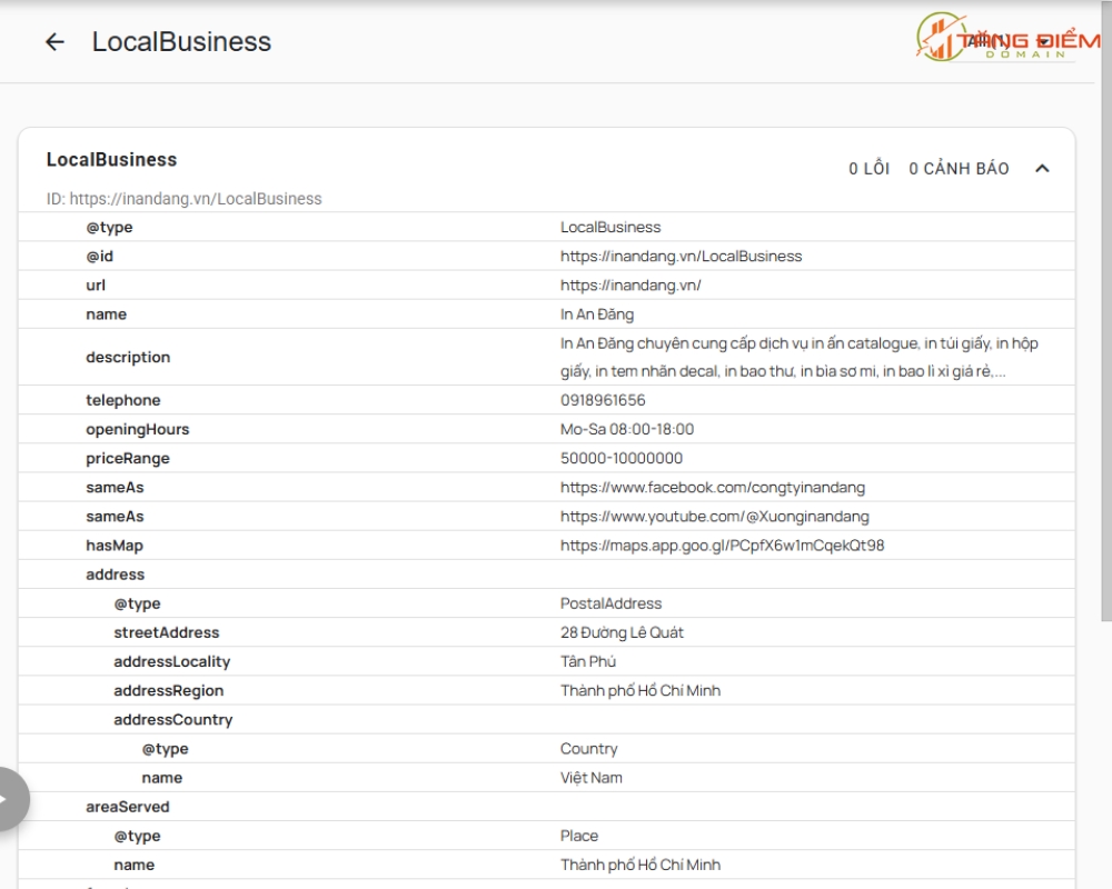 Schema Markup Validator thể hiện loại Schema được phát hiện, các thuộc tính đã khai báo và các lỗi, cảnh báo nếu có