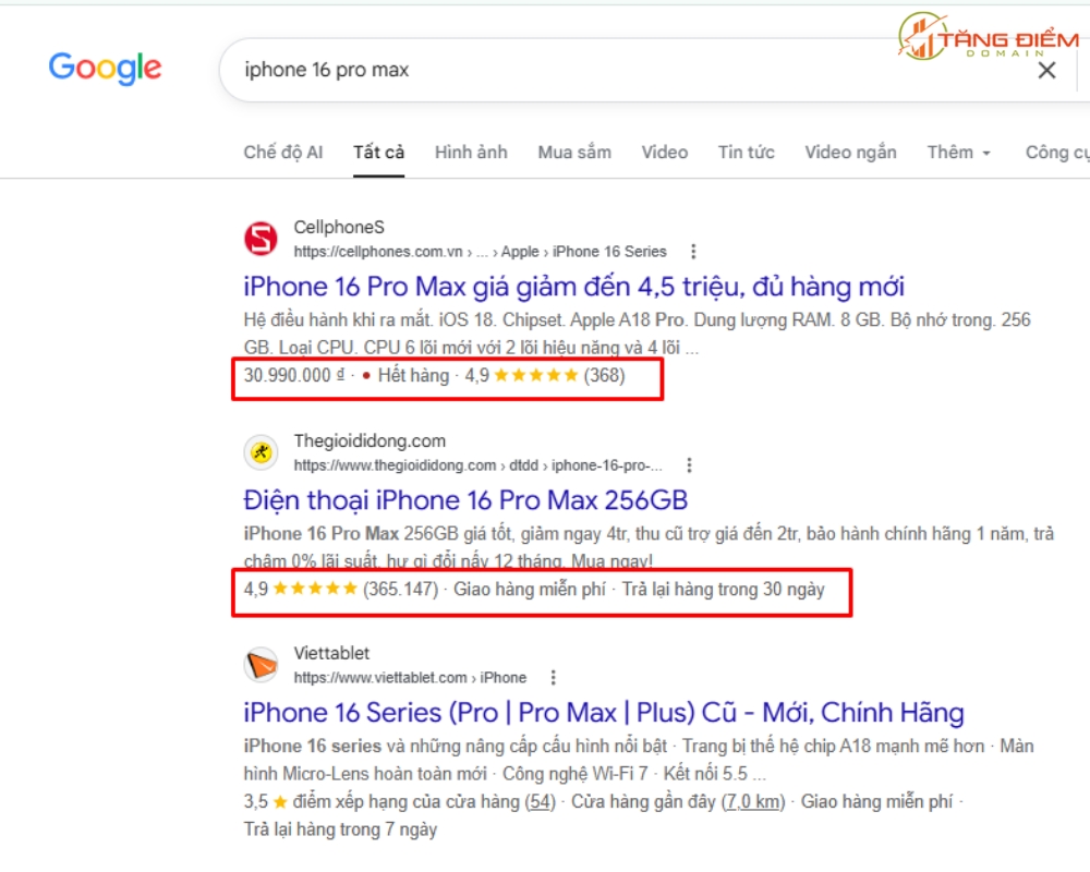 Product Schema giúp trang sản phẩm hiển thị Rich Results nổi bật