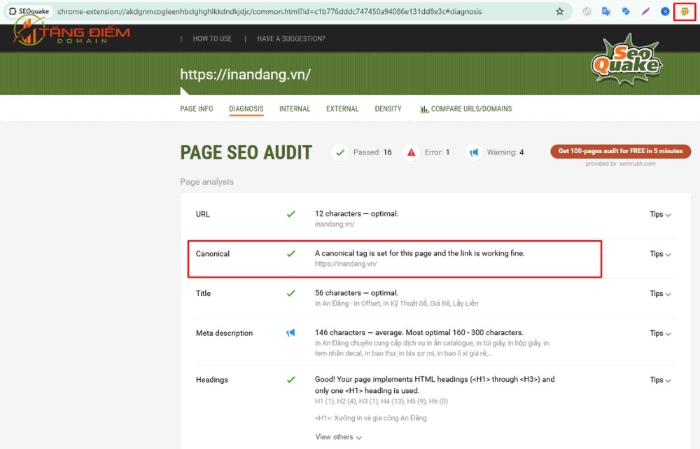 Sử dụng tiện ích SeoQuake để kiểm tra nhanh thẻ Canonical của một URL