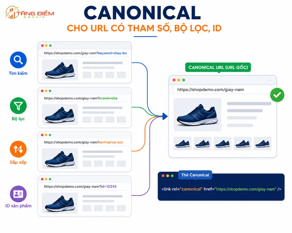 Thẻ rel=”canonical” dùng cho URL động hoặc có chứa tham số tìm kiếm, bộ lọc, ID