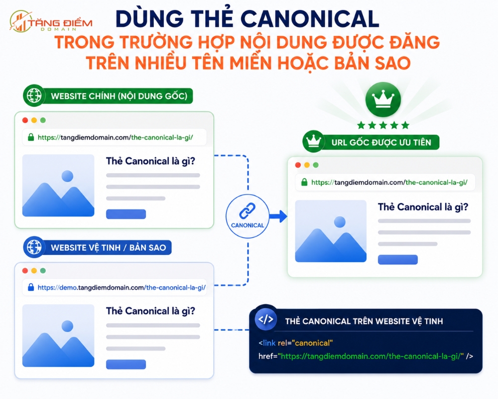 Dùng thẻ Canonical trong trường hợp nội dung được đăng trên nhiều tên miền hoặc bản sao