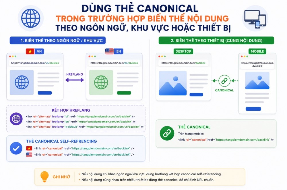 Dùng thẻ Canonical trong trường hợp nội dung có biến thể theo ngôn ngữ, khu vực hay thiết bị