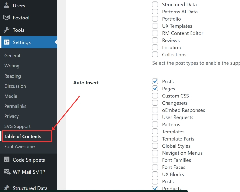 Menu cấu hình plugin Easy Table of Contents nằm ở trong mục Settings
