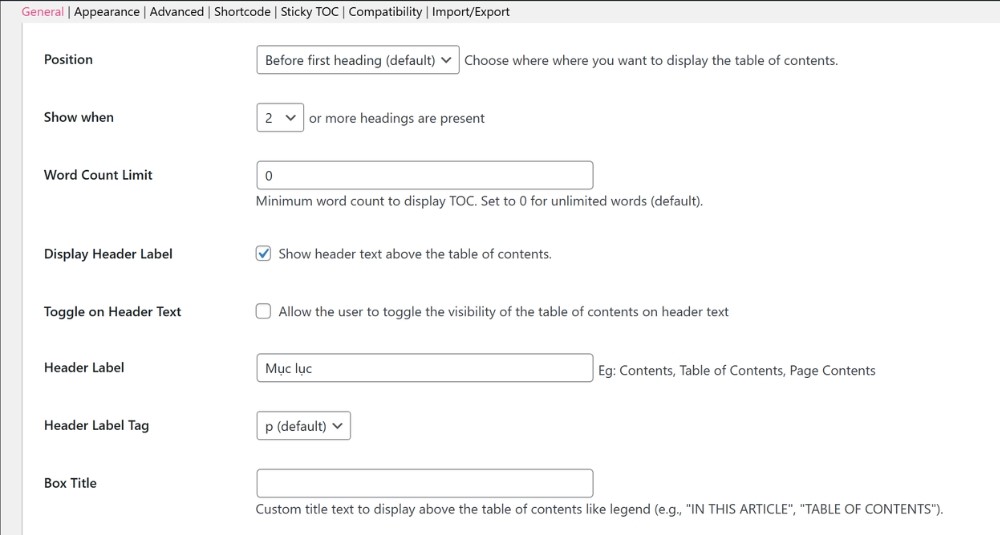 Cấu hình chung 3 của plugin Easy Table of Contents