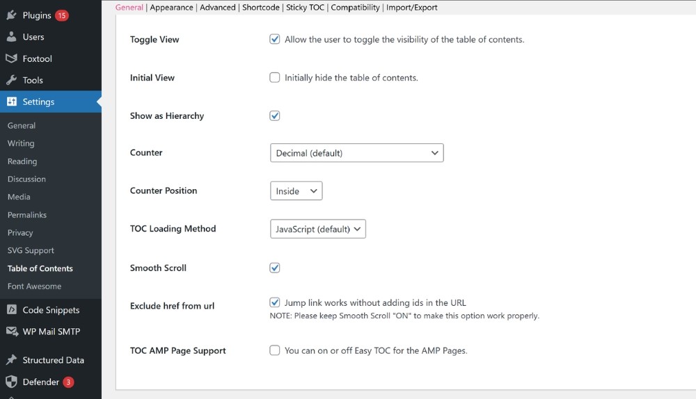 Cấu hình chung 4 của plugin Easy Table of Contents