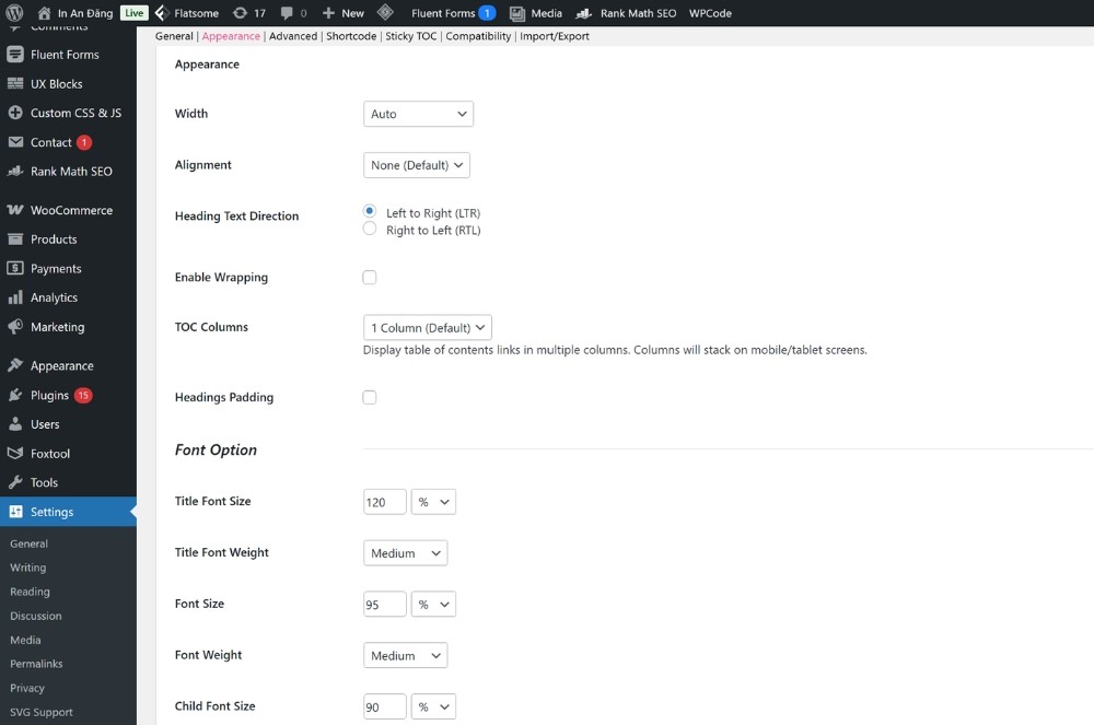 Cấu hình giao diện của plugin Easy Table of Contents