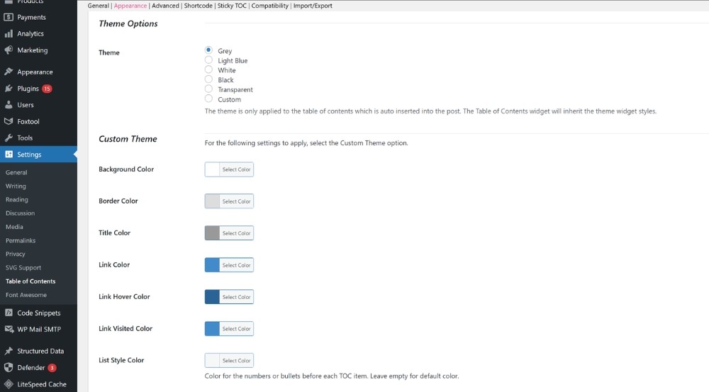 Cấu hình theme của plugin Easy Table of Contents