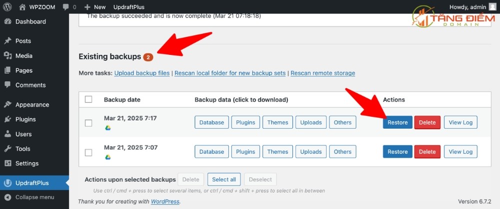 Cách restore dữ liệu từ plugin UpdraftPlus