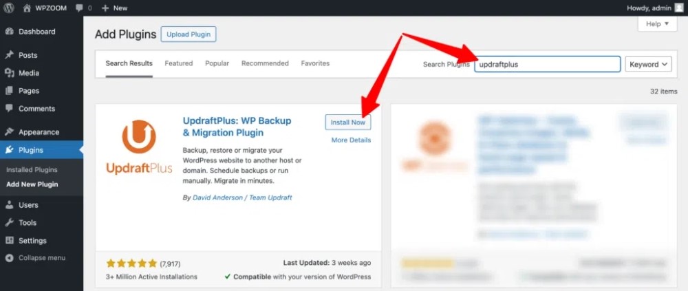 Cài đặt plugin UpdraftPlus