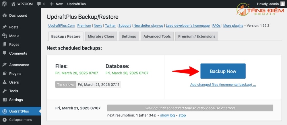 Tại tab Backup / Restore, nhấn nút Backup Now