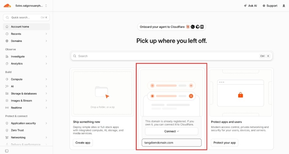 Nhập tên miền website cần kết nối Cloudflare